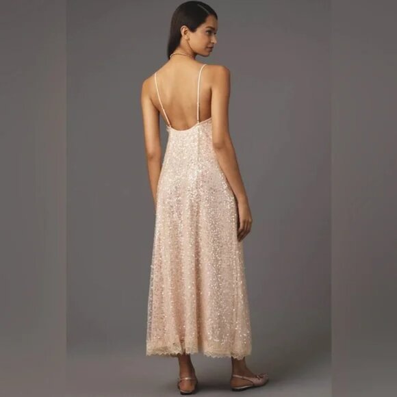 🌸💛Anthropologie En Elly V-Neck Lace Sequin Slip Midi Maxi Dress LARGE NWT $168 - Picture 2 of 11